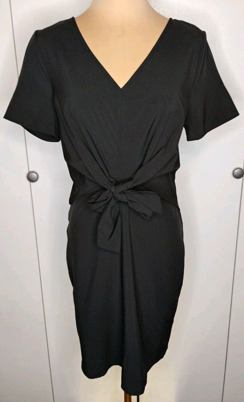 Everly NWT Black Woven Polyester Sheath Dress Sz S V-Neck Short Sleeve Bow front